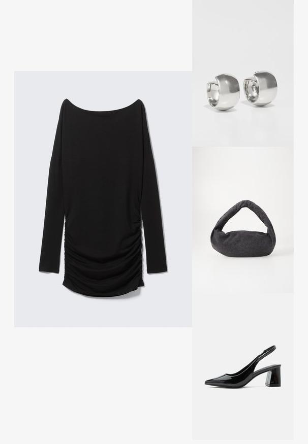 Sort langærmet top med off-shoulder udskæring og detaljer med rynket side. Fremstillet af blødt stof og har en strømlinet silhuet.; Sort slingback sko i lakeret læder med spids tå og chunky midhøj blokhæl på hvid baggrund.; Mørkegrå stofpose med et buet håndtag, blød tekstur og rund form. Ingen synligt hardware eller pynt.; Uncommon Matters SCULPTURAL LARGE CREOLE - Øreringe - silver-coloured