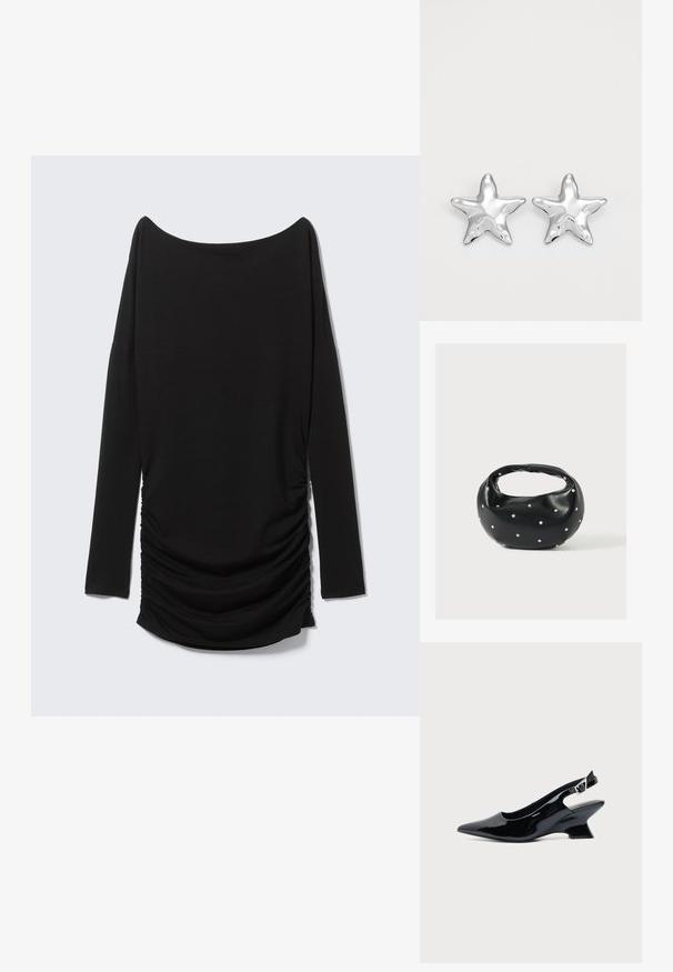 Sort langærmet top med off-shoulder udskæring og detaljer med rynket side. Fremstillet af blødt stof og har en strømlinet silhuet.; Sort laklæder slingback sko med spids tå og lav vinklet blokhæl på ensartet lys baggrund.; Sort læderhåndtaske med en rundet form, dekoreret med sølvnitter, og et kort håndtag. Glat tekstur og lynlåslukning.; Sølvstjernede øreringe med en poleret, blank overflade. Hver ørering har fem spidser og subtile teksturdetaljer på overfladen.