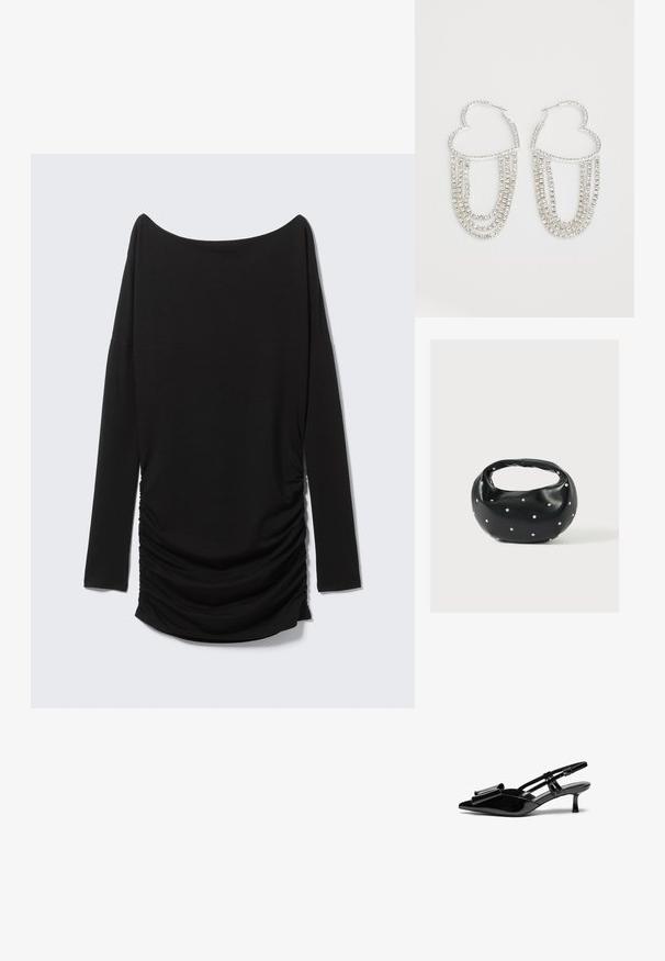 Sort langærmet top med off-shoulder udskæring og detaljer med rynket side. Fremstillet af blødt stof og har en strømlinet silhuet.; Sorte patenterede læderslingbacks med spids tå, en sløjfedetalje foran og en lille stilettohæle. Remmene har justerbare spænder.; Sort læderhåndtaske med en rundet form, dekoreret med sølvnitter, og et kort håndtag. Glat tekstur og lynlåslukning.; Sølv hoops i hjerteform, prydet med hængende strenge af klare rhinsten for ekstra glans og struktur.