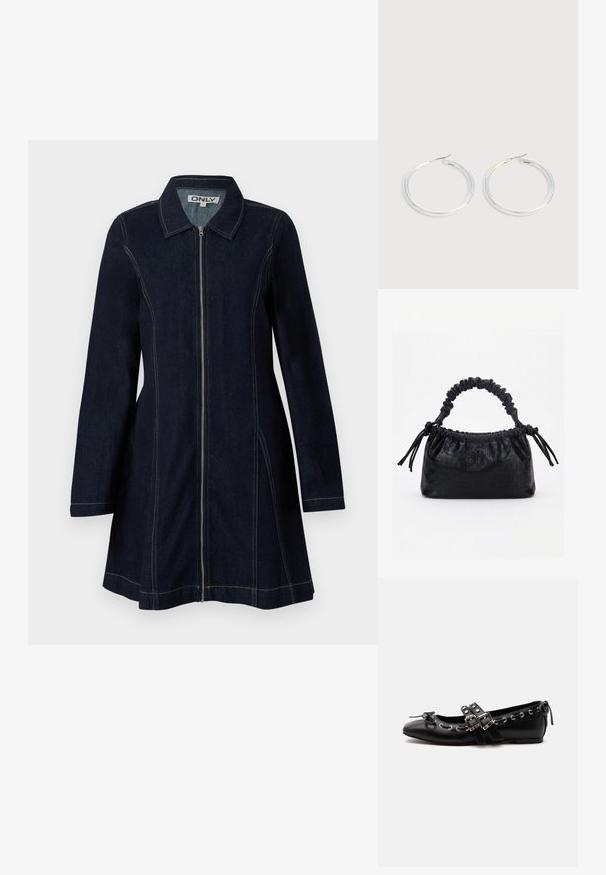 Chaqueta de denim en azul oscuro con cremallera frontal, cuello puntiagudo, mangas largas y pespuntes amarillos en costuras y bordes.; Zapato de ballet plano negro con correas de doble hebilla, ojales plateados y un pequeño lazo cerca de la puntera redondeada sobre un fondo blanco.; Bolso negro con textura de cocodrilo, borde superior fruncido, asa recogida y cordones con borlas en cada lado sobre un fondo blanco.; Pareja de pendientes de aro plateados brillantes con cierres de alambre delgado, mostrados sobre un fondo gris claro.