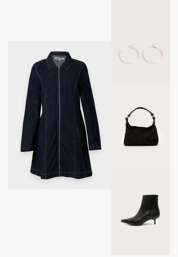 Chaqueta de denim en azul oscuro con cremallera frontal, cuello puntiagudo, mangas largas y pespuntes amarillos en costuras y bordes.; Botín de piel negra con puntera puntiaguda y tacón bajo estilo kitten sobre fondo claro, mostrando vista lateral exterior.; Bolso de mano de piel sintética negra con una textura suave, forma redondeada y una resistente correa de cuero negro para el hombro. Acentos de herrajes plateados visibles.; Pareja de pendientes de aro plateados brillantes con cierres de alambre delgado, mostrados sobre un fondo gris claro.