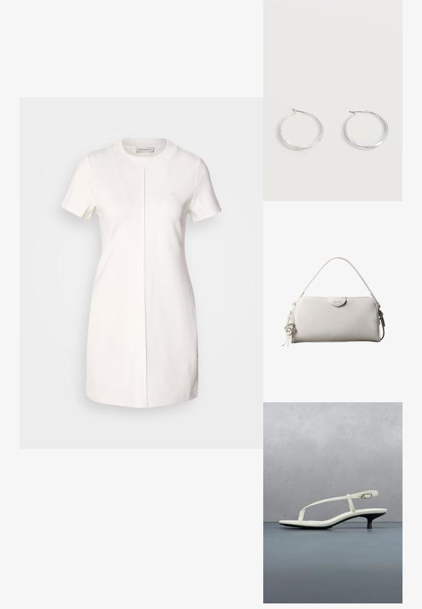 Calvin Klein Jeans MILANO T SHIRT DRESS - Vestido ligero - tofu; Sandalia blanca de tacón kitten con tiras y punta afilada, flotando sobre un suelo de baldosas de madera al aire libre, con un fondo desenfocado de plantas y pared.; Bolso rectangular blanco de Calvin Klein con un solo asa, diseño minimalista y borlas decorativas con un charm metálico geométrico en el lateral.; Pendientes de aro de metal plateado con superficie lisa y ligeramente curvada y cierre de tipo mosquetón sobre un fondo blanco liso.