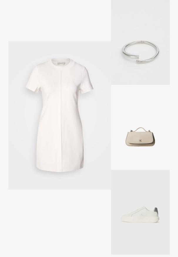 Calvin Klein Jeans MILANO T SHIRT DRESS - Džersejové šaty - tofu; Biele tenisky vyrobené z kože s hladkou textúrou, s strieborným akcentom na päte, plochou podrážkou a minimalisticým dizajnom.; Malá béžová kožená kabelka s horným držadlom a strieborným logom CK na prednej chlopni, zobrazená na bielom pozadí.; Calvin Klein SPIRAL - Náramok - silver-coloured