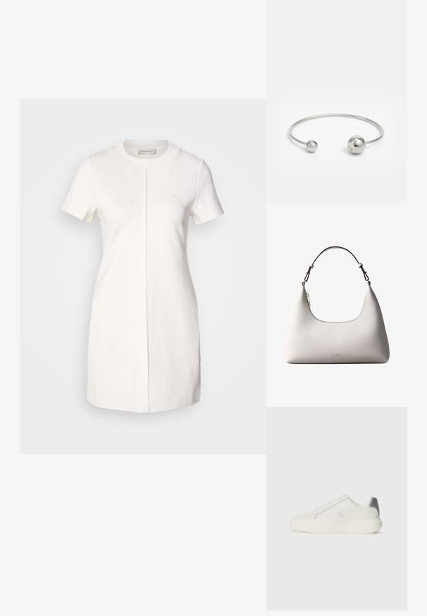 Calvin Klein Jeans MILANO T SHIRT DRESS - Jerseykleid - tofu; Weißer Sneaker aus Leder mit glatter Textur, ausgestattet mit einem silbernen Akzent an der Ferse, flacher Sohle und minimalistischem Design.; Cremefarbene Calvin Klein Lederschultertasche mit gebogener Oberkante, silbernem Reißverschluss und dunkelbraunem verstellbarem Riemen.; Silberner Metallarmreif mit zwei kugelförmigen Akzenten an jedem Ende, glatte Oberfläche, offenes Design und schlanker, minimalistischer Form.