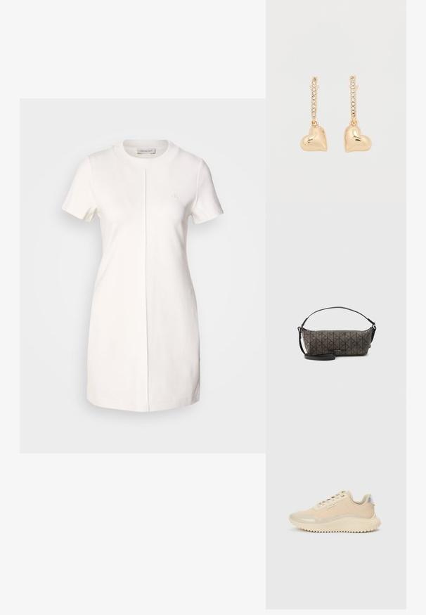 Calvin Klein Jeans MILANO T SHIRT DRESS - Jerseyjurk - tofu; Beige sneakers met een gladde lakneuzen en bovenkant, gedetailleerd met een gestructureerde midschoolzool en een rubberen loopzool. Voorzien van een merklabel.; Rechthoekige bruine Calvin Klein handtas met een zwart diagonale cirkelprint, zwarte verstelbare schouderriem en ritsluiting bovenaan.; Gouden oorbellen met hartvormige hangers, geaccentueerd door een rij van kleine strass-steentjes op de ring. Reflecterend, glad oppervlak.