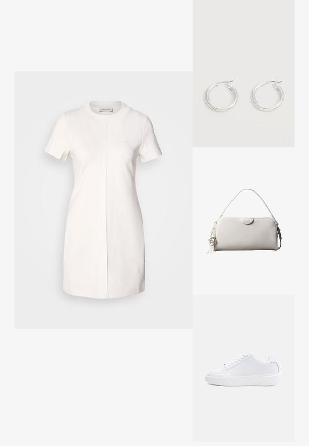 Calvin Klein Jeans MILANO T SHIRT DRESS - Trikotaažkleit - tofu; Valge madala säärega tenniskingad, millel on nööritav kinnitus, paks tald ja sile pealispind, nähtud välisküljelt heledal ühtlasel taustal.; Valge ristkülikukujuline Calvin Kleini käekott ühe käepidemega, minimalistliku disainiga ja dekoratiivsete tutikestega, mille küljes on geomeetrilise metallist ripats.; Keskmise suurusega läikivad hõbedased rõngakujulised kõrvarõngad õhukeste metallist kinnitustega heledal neutraalsel taustal.