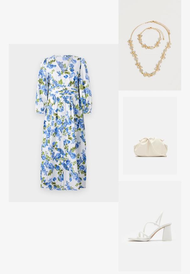 Robe maxi florale avec un fond blanc ornée de motifs de fleurs bleues et vertes, décolleté en V, manches bouffantes longues et taille cintrée.; Sandales à talons blancs avec des brides fines, un bout carré et un talon bloc épais, au texte lisse et au design minimalist.; Pochette en cuir souple couleur crème avec un design froncé et une fine bandoulière reposant à l’avant sur un fond uni.; Ensemble collier et bracelet ton or avec motifs floraux et feuilles en cristal clair, tous deux avec fermoirs chaîne réglables sur fond blanc.