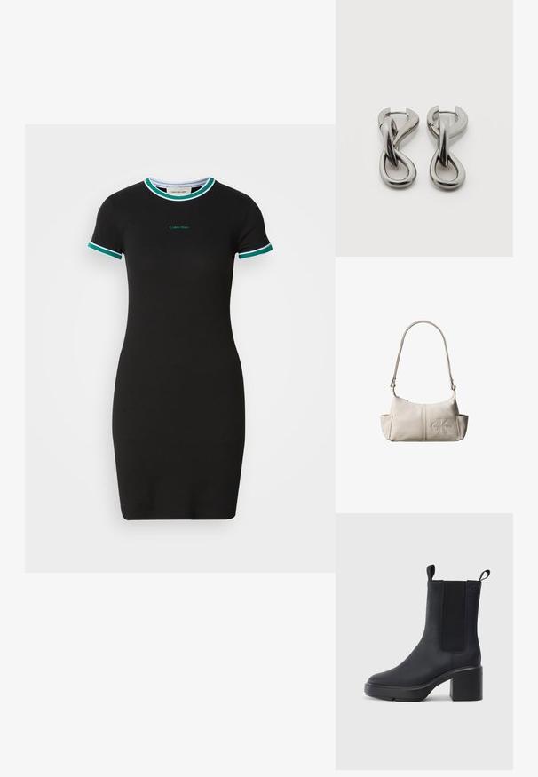 Sort kortærmet kjole med en tætsiddende pasform, der har grønne og hvide ribbede kanter på kraven og ærmerne samt et Calvin Klein-logo.; Sorte ankelstøvler i glat gummimateriale, med elastiske sidepaneler, blokhæle og trækskilt øverst for nem påtagning.; Lille beige læder skuldertaske med justerbar rem og præget Calvin Klein-logo foran i midten.; Par af sølvtonede metale øreringe med abstrakt sammenflettet løbedesign på hvid baggrund.