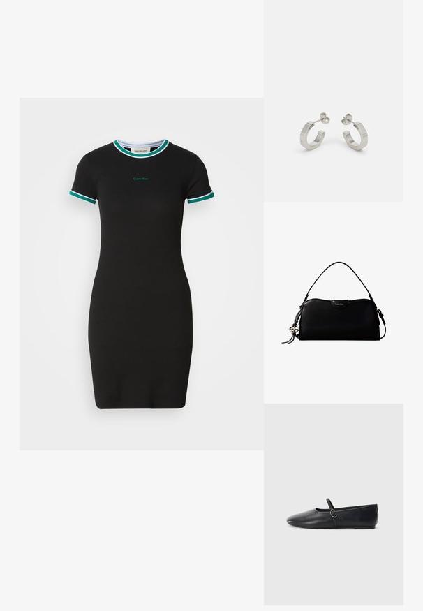 Robe noire à manches courtes avec une coupe ajustée, présentant des bords côtelés verts et blancs au col et aux manches, ainsi qu'un logo Calvin Klein.; Ballerines noires en cuir avec un bout pointu, une semelle plate et une petite sangle avec un détail de boucle en argent.; Sac à main rectangulaire noir Calvin Klein avec une seule sangle supérieure, un charm logo argenté et une petite fermeture à rabat sur le devant.; Boucles d'oreilles en métal argenté avec un design texturé, dotées d'un petit fermoir et d'une marque sur une des hoops. Forme arrondie avec une finition polie.