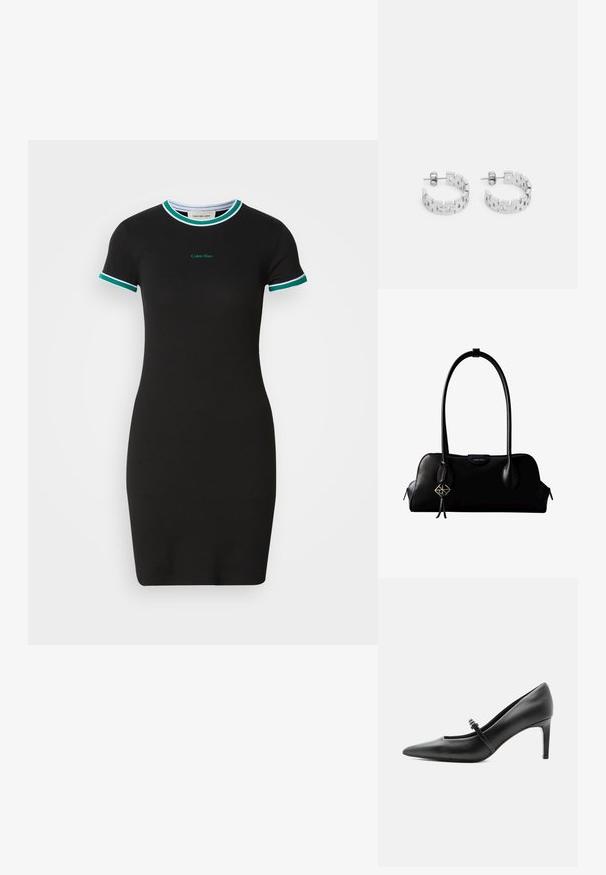 Robe noire à manches courtes avec une coupe ajustée, présentant des bords côtelés verts et blancs au col et aux manches, ainsi qu'un logo Calvin Klein.; Escarpin noir en cuir à bout pointu avec une fine bride et une boucle sur le cou-de-pied, posé sur un fond clair neutre.; Sac à main en cuir noir Calvin Klein avec de longues anses, une étiquette logo à l'avant et un charme géométrique argenté suspendu à une anse.; Boucles d'oreilles créoles en argent avec un design géométrique présentant des maillons rectangulaires entrelacés, une finition polie et une fermeture à clou.