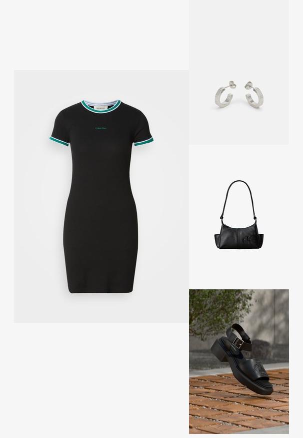 Sort kortærmet kjole med en tætsiddende pasform, der har grønne og hvide ribbede kanter på kraven og ærmerne samt et Calvin Klein-logo.; Sort læder-sandal fra Calvin Klein med ankelrem og spænde, der svæver over et udendørs gulv af træ og stentegl.; Sort læder skuldertaske med lang rem, sidelommer og præget Calvin Klein-logo på fronten.; Sølv metal hoop øreringe med et tekstureret design, der har en lille post bagpå og branding på en af øreringene. Rund form med en poleret overflade.