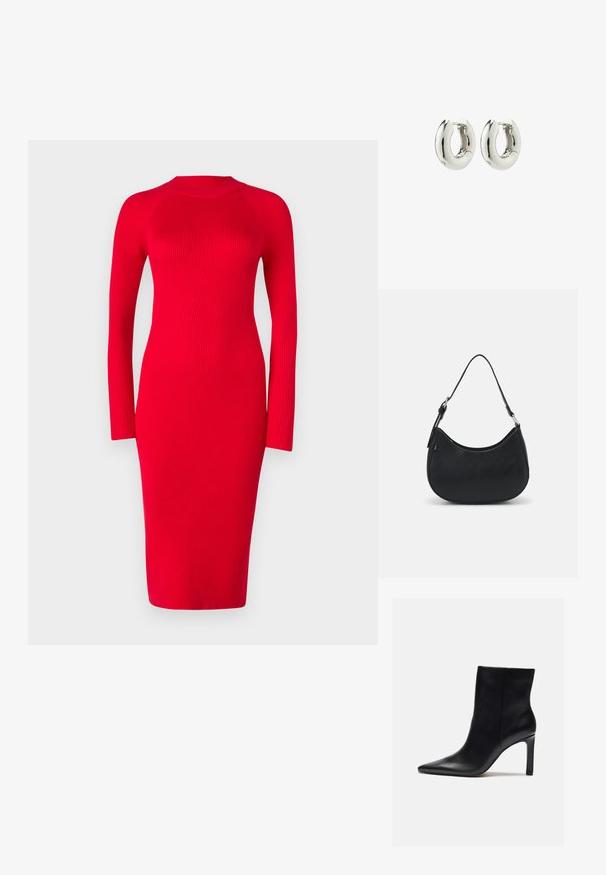 Robe rouge à manches longues côtelées avec un col montant, silhouette ajustée et longueur midi ; présente une texture et un léger stretch.; Zign by Zalando Bottines à talons hauts - black; Sac hobo noir en cuir lisse avec une silhouette arrondie, doté d'une seule sangle ajustable et de détails de design minimalistes.; Boucles d'oreilles en argent avec un design lisse et arrondi et une finition brillante. Dotées d'une fermeture à charnière simple pour un enfilage facile.