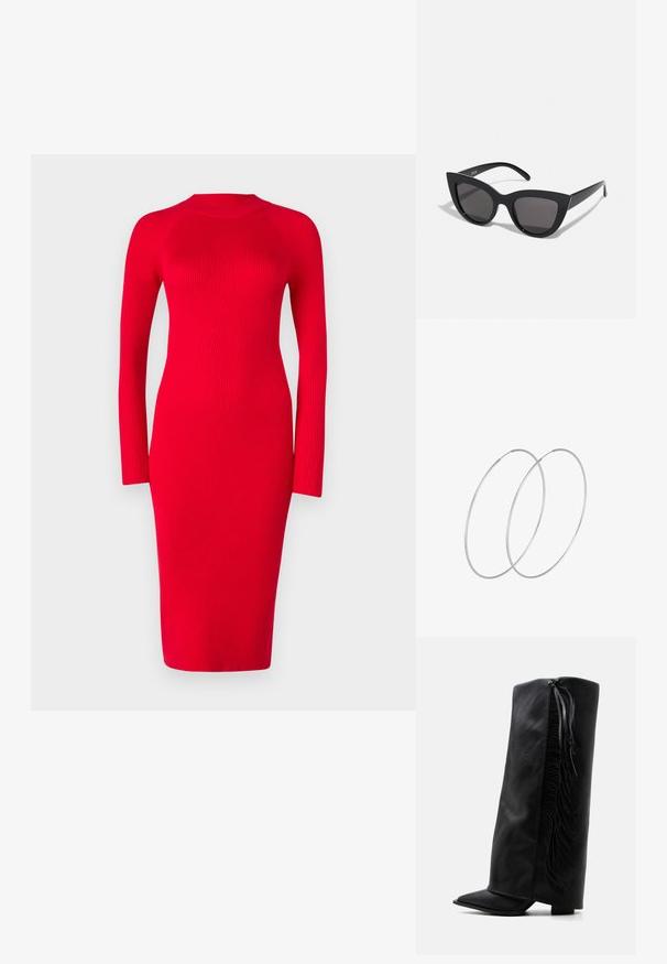 Robe rouge à manches longues côtelées avec un col montant, silhouette ajustée et longueur midi ; présente une texture et un léger stretch.; Botte noire en cuir montante jusqu’au genou avec bout pointu et franges décoratives le long du côté extérieur sur fond blanc uni.; Lunettes de soleil noires en forme d'œil de chat avec une finition mate, dotées de verres teintés gris, d'angles aigus et de branches élégantes. Nom de la marque visible sur la branche intérieure.; Boucles d'oreilles en argent au design minimaliste. Forme circulaire, texture lisse et profil fin. Légères avec une finition polie.
