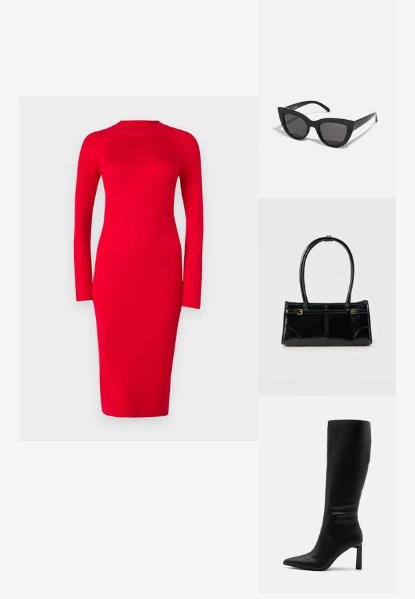 Rode geribbelde jurk met lange mouwen en een hoge hals, getailleerde pasvorm en midi-lengte; heeft textuur en een lichte stretch.; Even&Odd by Zalando Laarzen - black; Zwarte cat-eye zonnebril met een matte afwerking, voorzien van grijs getinte glazen, scherpe hoeken en slanke zijarmen. Merkennaam zichtbaar op de binnenarm.; Glanzend zwart rechthoekig handtasje met twee dunne schouderbanden en kleine gouden gespsdetails aan de voorkant.