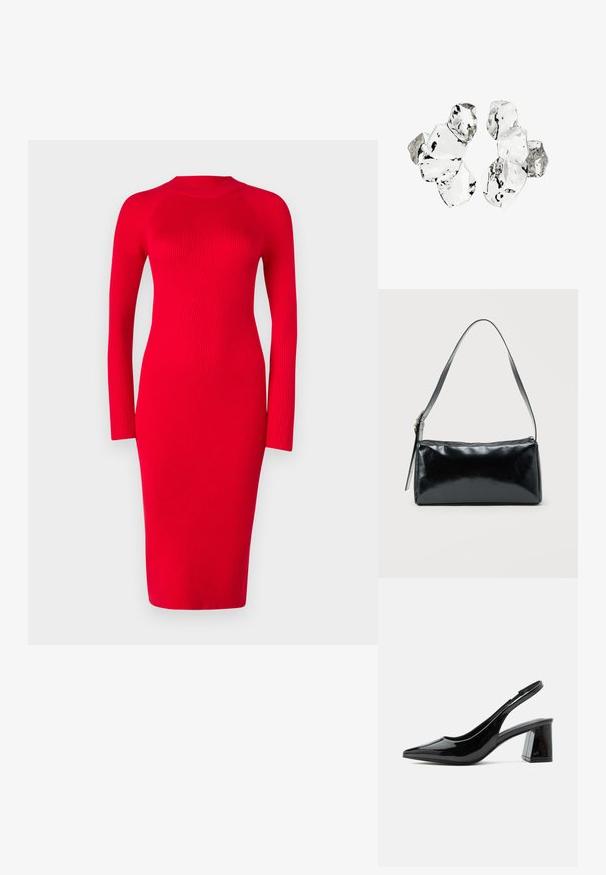 Rød ribbet langærmet kjole med mock neck, tætsiddende silhuet og midilængde; har tekstur og let stræk.; Sort slingback sko i lakeret læder med spids tå og chunky midhøj blokhæl på hvid baggrund.; Sort rektangulær skuldertaske med en enkelt justerbar rem og lynlås i toppen på en ensfarvet baggrund.; Klynge af seks uregelmæssigt formede, gennemsigtige og reflekterende glaslignende stykker arrangeret på en hvid baggrund.