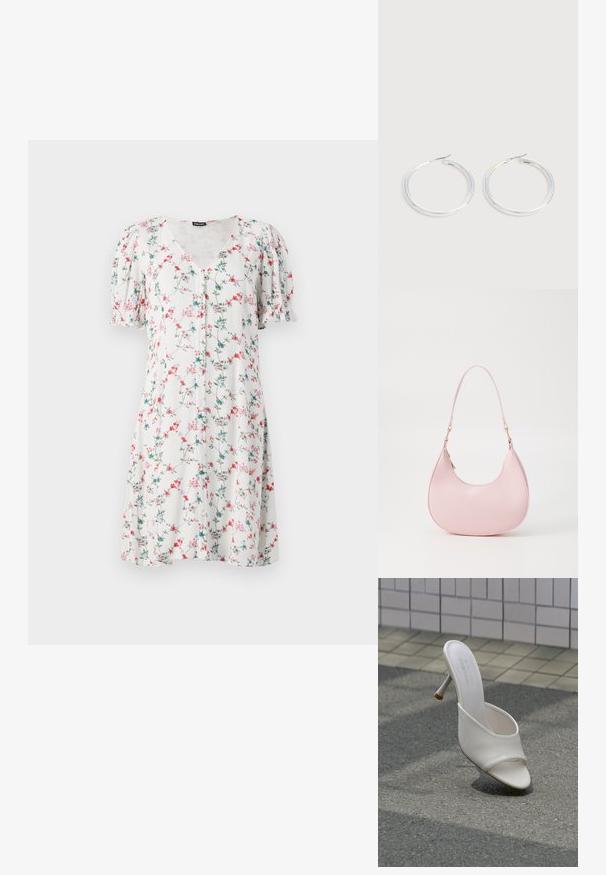 Blumenbekleidungs Kleid mit kurzen Ärmeln aus leichtem Stoff, mit einem V-Ausschnitt, Knopfdetail und einem Muster aus rosa und blauen Blumen auf weißem Grund.; Weißer High-Heel-Pantolette mit offenem Zehenbereich schwebt über grauem Asphalt und vor einem Hintergrund aus gefliesten Wänden.; Call it Spring CELESTY - Handtasche - other pink; Paar glänzende silberne Creolen mit dünnen Drahtverschlüssen, dargestellt vor einem hellgrauen Hintergrund.