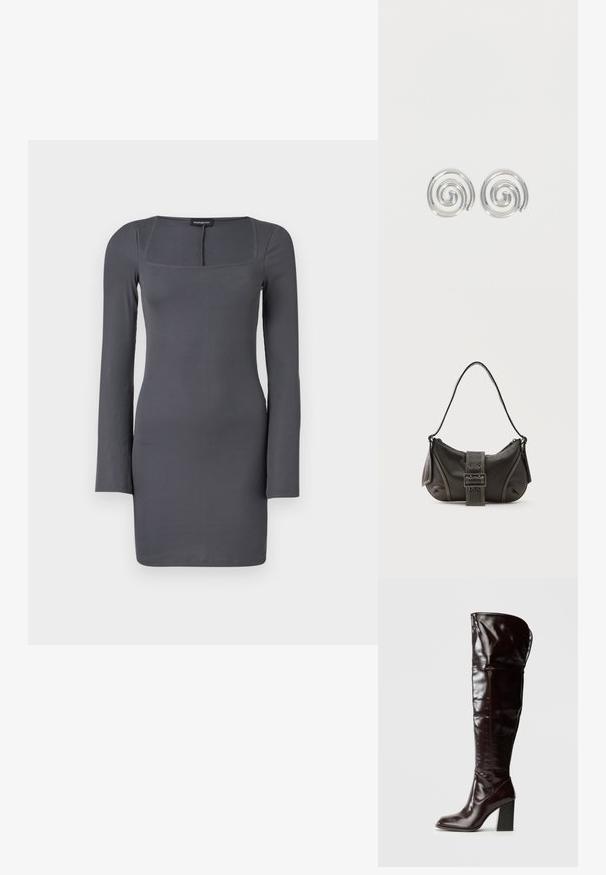Robe longue à manches longues grise côtelée avec un décolleté carré, une silhouette ajustée et une texture douce. Présente des coutures minimales et une fermeture au dos.; Bottes en cuir bordeaux glacé montant jusqu'au genou, avec un bout carré et un talon bloc, présentant un design ample et des détails de couture minimalistes.; Sac à épaule en cuir noir avec une sangle à boucle, des bords arrondis et des coutures blanches contrastées sur un fond uni.; Paire de boucles d'oreilles en forme d'anneau spirale en argent avec un design lisse et arrondi sur fond blanc uni.