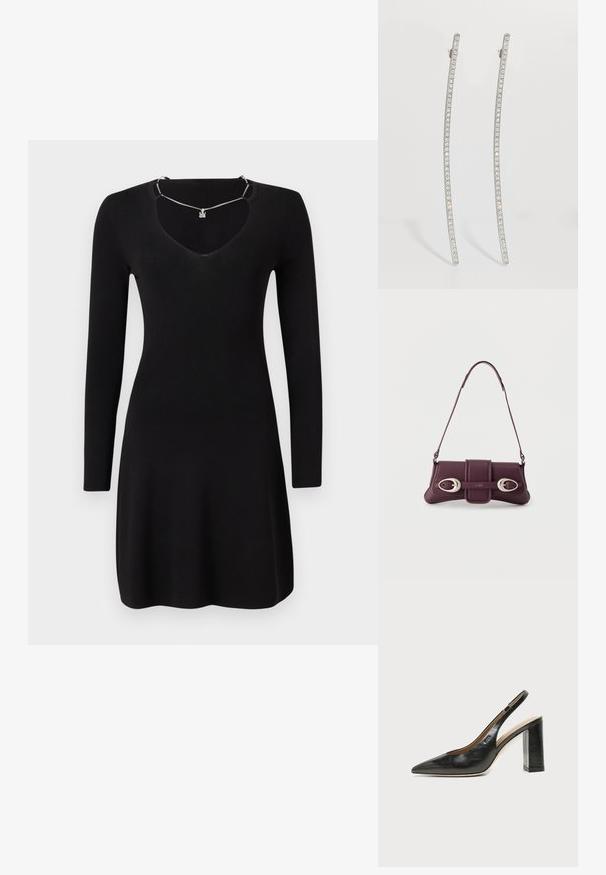 Langærmet sort kjole lavet af ribbet stof, med en dyb V-udskæring og en let flæse i kanten. Inkluderer detalje med en sølvhalskæde.; Sort læder peep-toe slingback sko med høj blokhæl og beige indvendig foring mod en ensfarvet lys baggrund.; Mørkelilla skuldertaske i læder med sølvfarvede ovale spænder og "HUGO"-logo på frontklappen, tynd rem, minimalistisk design.; Sølvfarvede, aflange øreringe med buet design, der har en række klare krystaller langs de ydre kanter for ekstra glans.