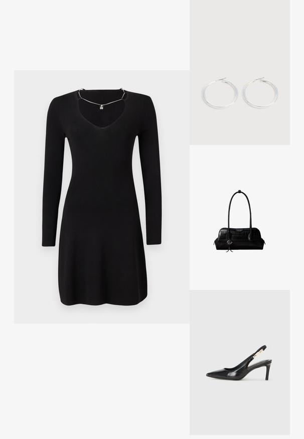 Langærmet sort kjole lavet af ribbet stof, med en dyb V-udskæring og en let flæse i kanten. Inkluderer detalje med en sølvhalskæde.; Sort læder slingback højhælede sko med spidse tæer, glat overflade og en smal ankelrem med guldfarvede hardware detaljer.; Sort skuldertaske i krokodillelæder med lange stropper og lille sølvlogo-charm på den ene strop.; Par skinnende sølvøreringe med tynde trådlåse, vist på en lys grå baggrund.
