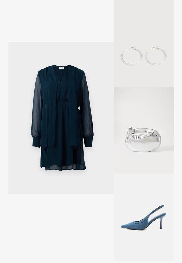 Robe longue bleu marine à manches longues avec des manches transparentes, décolleté en V, taille cintrée et détail de foulard long attaché à l'avant.; Chaussure à talon haut slingback en denim bleu à bout pointu avec détails œillets argentés et bride réglable à boucle.; Pochette en métal argenté avec une forme douce et arrondie et un fermoir en haut noué. Fabriquée en simili cuir lisse.; Paire de boucles d'oreilles créoles argentées brillantes avec fermoirs en fil fin, présentée sur un fond gris clair.