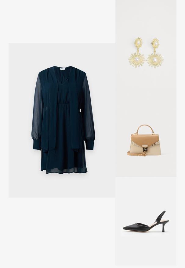 Navy blue pitkähihaine mekko, jossa on läpinäkyvät hihat, V-pääntie, vyötäröltä kiristetty muotoilu ja etuosassa kiinnitetty pitkä huivitietoa.; Musta nahkainen slingback-kengät, joissa on terävä kärki, ohut korko ja puhdas muotoilu, jonka ominaisuuksiin kuuluu sulava siluetti ja sileä pinta.; Beige ja hiekanvärinen jämäkkä käsilaukku, jossa yläkahva, säädettävä olkahihna, kullanvärinen lukko ja etukannessa käärmeen nahkaa jäljittelevä kuvio.; Kultaiset korvakorut, joissa on auringonsäteitä muistuttava muotoilu, jossa on tekstuurisia säteitä, jokaisen keskellä valkoinen helmi. Korvakorut, joissa on riippuva malli ja nappikiinnitys.
