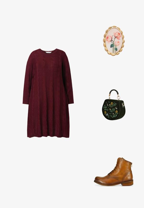 Vestido de punto burdeos con cuello redondo, mangas largas y patrón de trenzado. Corte holgado, con puños y dobladillo de canalé.; Botín de cuero marrón hasta el tobillo con puntera redondeada, parte delantera con cordones, cremallera lateral y un tacón de madera bajo. Presenta un sutil logo grabado en el tacón.; Bolso de mano verde oscuro con forma redonda, asa superior y bordados de girasoles, hojas, libélula, mariposa y pájaro.; Broche ovalada con un borde acanalado en tonalidad dorada, que presenta un diseño floral de rosas rosas sobre un fondo claro. Textura suave y gráficos detallados.