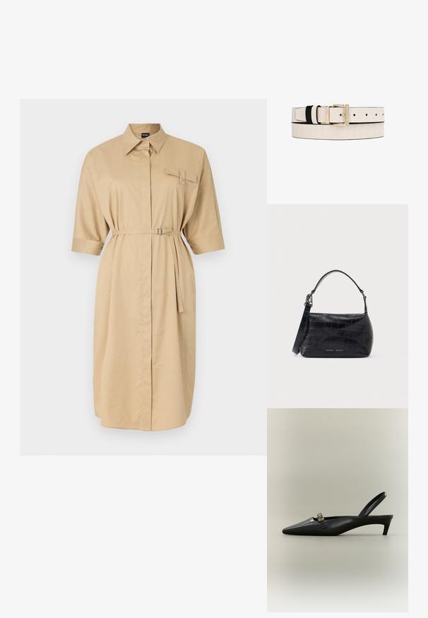 Beige shirtjurk met een kraag, korte opgerolde mouwen, een borstzak en een ceintuur in de taille. Glad stof met een comfortabele pasvorm.; Zwarte lederen slingback kitten heel met puntige neus en klein gouden gespsluiting op een effen achtergrond.; Zwarte schoudertas van krokodillenleer met reliëf, voorzien van een handvat aan de bovenkant en een logo op de voorkant.; Witte leren riem met een glanzende afwerking, voorzien van een zwarte accent en een gesp in goudkleur. Getextureerd met verticale strepen. Verstelbaar met gaten.