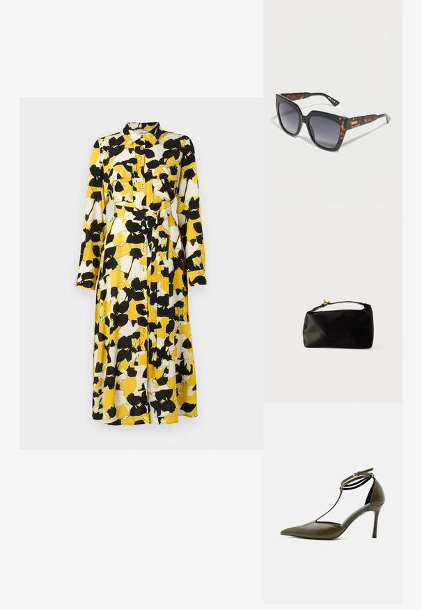 Langemouwjurk in een gele, witte en zwarte bloemenpatroon. Bevat een knoopsluiting aan de voorkant, een kraag, dubbele borstzakken en een riem in de taille.; Olivengroene pumps met puntige neus, enkelriem en T-riem ontwerp, glanzende afwerking, smalle stilettohak, op witte achtergrond.; Vierkante zonnebril met schildpaddenmotief, donkere verloopglazen en het gouden Moschino-logo op het scharnier van het montuur.; Zwarte satijnen pouch tas met een ronde vorm, een handvat bovenop en een gouden sluiting. Soepele textuur met een minimalistisch ontwerp.