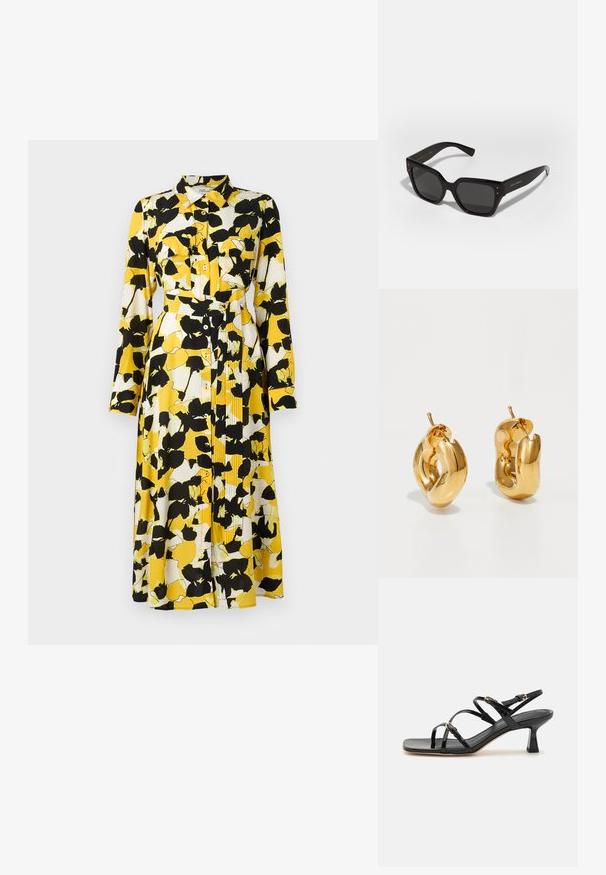 Vestido de manga larga en un patrón floral de color amarillo, blanco y negro. Presenta un cierre frontal de botones, cuello, bolsillos de pecho dobles y un cinturón en la cintura.; Sandalias de charol negro con tiras, punta cuadrada y un bajo tacón en bloque. Presenta herrajes en tono dorado y correas en el tobillo ajustables.; Gafas de sol de gran tamaño y forma cuadrada, hechas de plástico brillante, con lentes grises, pequeños acentos plateados y marca grabada en la patilla.; Pendientes de aro grueso en oro con un diseño tubular ligeramente retorcido y cierre de presión, sobre un fondo blanco.