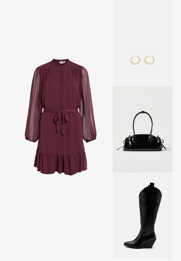 Langärmliges Burgunder-Kleid mit durchgehendem Knopfleiste vorne, transparenten, aufgepufften Ärmeln, Taillengürtel zum Binden und detailreichem Rüschensaum.; Schwarzer Leder-Cowboystiefel mit spitzer Zehe, schrägem Blockabsatz, dekorativer Naht und Zuglaschen oben vor weißem Hintergrund.; Kleine schwarze glänzende Handtasche mit zwei langen Griffen und seitlichen Kordelzug-Details vor einfachem hellem Hintergrund.; Goldene Creolen mit einer strukturierten, unregelmäßigen Oberfläche. Sie verfügen über ein leichtes Design und eine runde Form, die sich für den täglichen Gebrauch eignet.