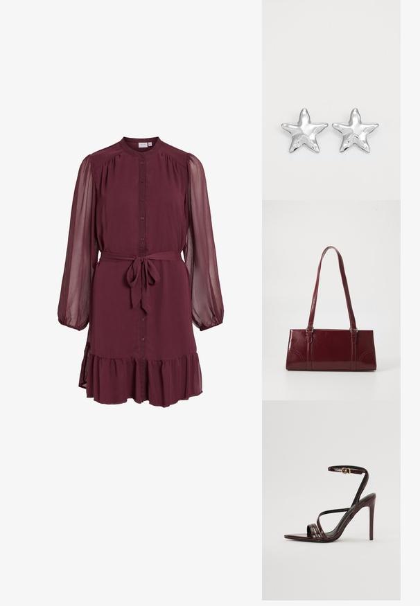 Langärmliges Burgunder-Kleid mit durchgehendem Knopfleiste vorne, transparenten, aufgepufften Ärmeln, Taillengürtel zum Binden und detailreichem Rüschensaum.; Bordeaux-farbenes Lackleder-High-Heel-Sandale mit einem Knöchelriemen, spitzem Zehenbereich und drei horizontalen Riemen über dem Fuß. Details mit goldfarbener Schnalle.; Burgunderfarbene Handtasche aus glänzendem Material, rechteckige Form, mit zwei Schulterriemen und subtilen, geschwungenen Akzenten an der Vorderseite.; Silberne sternförmige Ohrringe mit einer polierten, glänzenden Oberfläche. Jeder Ohrring hat fünf Spitzen und dezente Oberflächentexturdetails.