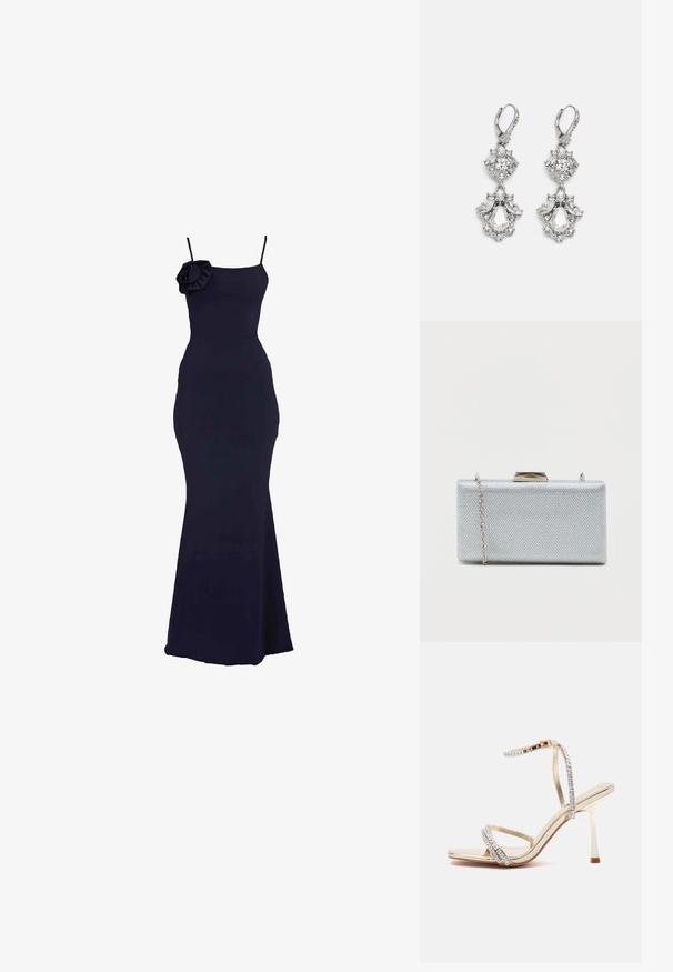 Marineblauwe, aansluitende jurk met een zeemeermin-silhouet, met een enkele schouderband en een decoratieve bloemen_detail bij de halslijn.; Gouden hoge hak sandaal met dunne bandjes versierd met kleine heldere strass-steentjes en een enkelriem met gesp.; Rechthoekige zilveren clutch gemaakt van textuur metaalachtig stof, met een haaksluiting en een afneembare kettingriem om te dragen.; Zilverkleurige oorbellen met meerdere heldere kristalgesteenten in druppel- en marquisevormen, met sluitingen met een leversysteem en ingewikkelde details.