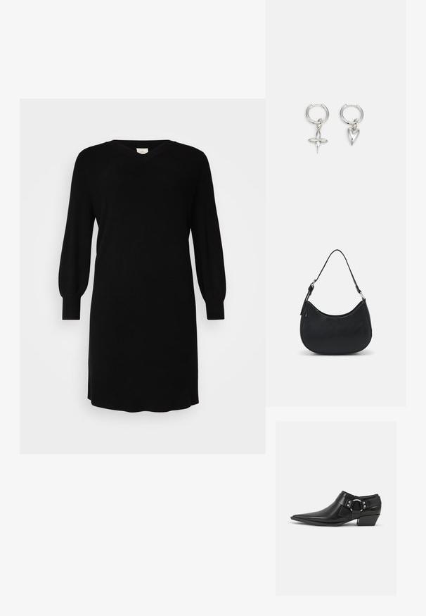 Schwarzes Strickkleid mit V-Ausschnitt, langen Ballonärmeln und gerippten Bündchen. Einfaches Design mit geradem Schnitt und knielangem Saum.; Schwarze Leder-Ankle-Boots mit spitzem Zeh, ausgestattet mit einem vorderen Leder-Riemen und einem silbernen Schnallendetail sowie einem niedrigen Blockabsatz.; Schwarze Hobo-Tasche aus glattem Leder mit einer geschwungenen Silhouette, ausgestattet mit einem einzelnen verstellbaren Trageriemen und minimalistischem Design.; Silberne Creolen mit einem Kreuz- und Herz-Anhänger. Glatte, glänzende Textur mit polierter Oberfläche. Jeder Anhänger hängt an einem sicheren Ring.