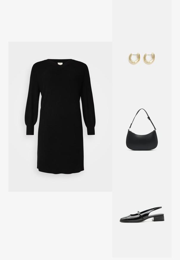 Schwarzes Strickkleid mit V-Ausschnitt, langen Ballonärmeln und gerippten Bündchen. Einfaches Design mit geradem Schnitt und knielangem Saum.; Schwarzer Slingback-Schuh aus Lackleder mit niedrigem Blockabsatz und dünnem Riemen mit silberner Schnalle oben.; Pieces PCALUANA SHOULDER BAG - Handtasche - black; Goldfarbene Creolen mit einer glatten, polierten Oberfläche. Sie haben eine halbkreisförmige Form und einen sicheren Stiftverschluss.