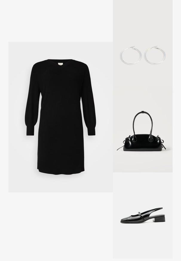 Schwarzes Strickkleid mit V-Ausschnitt, langen Ballonärmeln und gerippten Bündchen. Einfaches Design mit geradem Schnitt und knielangem Saum.; Schwarzer Slingback-Schuh aus Lackleder mit niedrigem Blockabsatz und dünnem Riemen mit silberner Schnalle oben.; Kleine schwarze glänzende Handtasche mit zwei langen Griffen und seitlichen Kordelzug-Details vor einfachem hellem Hintergrund.; Paar glänzende silberne Creolen mit dünnen Drahtverschlüssen, dargestellt vor einem hellgrauen Hintergrund.