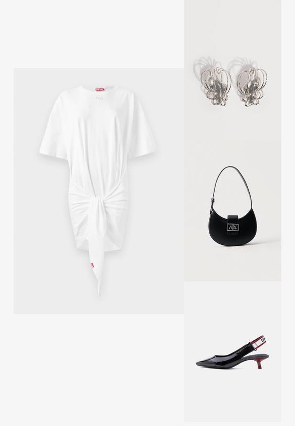 Valge T-särgidress lühikeste varrukatega, ette seotud detailiga, pehmest puuvillast kangast ja väike Diesel logo silt kaeluses.; Mustast patenti nahast slingback-king, millel on terav nina, punane madal konts ja elastne valge rihm musta ja punase ääristusega.; Mustast poolkuu kujuline käekott, millel on üks reguleeritav rihm ja hõbedane A|X logo kinnitus esikäeklapil.; Hõbedast metallist kõrvarõngaste paar, millel on avatud traadist puuri disain ja siledad keskmised ovaalsed kujundid, mis heidavad valgel taustal kõveraid varje.