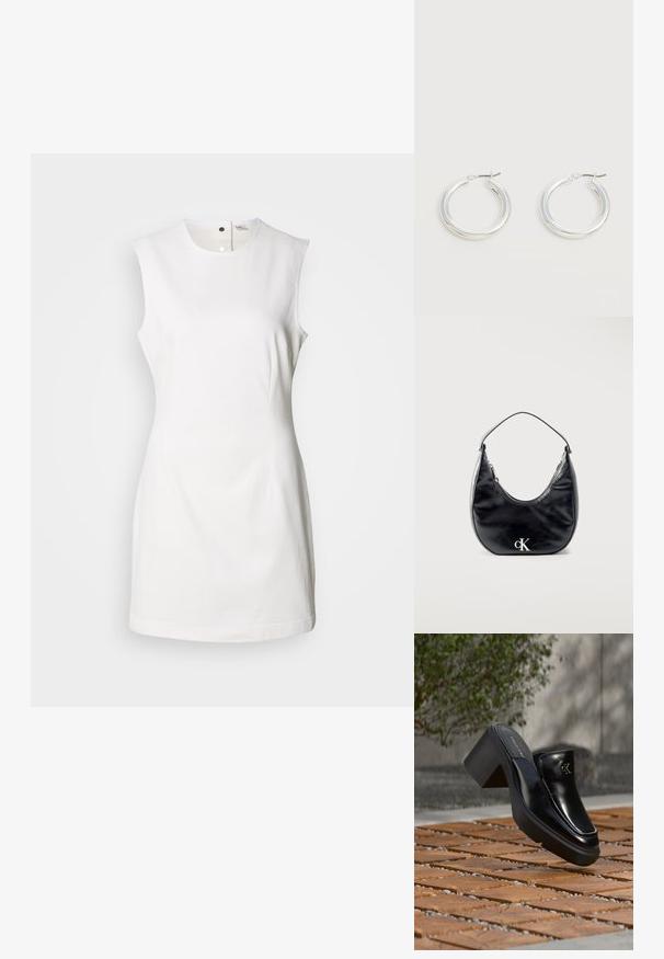 Vestido blanco sin mangas con escote redondo, con cierre de botones en el frontal, ajustado y fabricado en algodón suave.; Mule tipo slip-on de cuero negro de Calvin Klein con tacón de bloque descansando sobre baldosas de madera al aire libre cerca de una planta verde y una pared gris.; Bolso de mano de cuero negro en forma de media luna con asa corta y logotipo "cK" plateado en el frente, cierre de cremallera en la parte superior.; Par de pendientes de aro plateados brillantes de tamaño mediano con cierres metálicos finos sobre un fondo neutro claro.