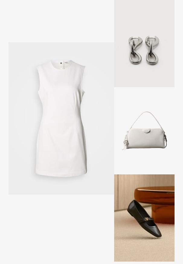 Vestido blanco sin mangas con escote redondo, con cierre de botones en el frontal, ajustado y fabricado en algodón suave.; Zapato plano de cuero negro con puntera puntiaguda y logo dorado de CK en la correa, colocado sobre una alfombra beige cerca de una mesa redonda marrón ámbar.; Bolso rectangular blanco de Calvin Klein con un solo asa, diseño minimalista y borlas decorativas con un charm metálico geométrico en el lateral.; Par de pendientes de metal con acabado plateado y diseño abstracto de bucles entrelazados sobre un fondo blanco.