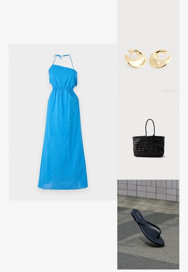 Robe maxi bleue à une épaule, fabriquée en tissu léger, avec une taille élastique et une lanière ajustable à l'épaule pour un meilleur ajustement.; Sandale noire type tongs avec le logo "RAID" posée sur un pavement texturé près d'un trottoir carrelé en arrière-plan.; Sac fourre-tout en cuir tressé noir avec deux poignées arrondies, debout sur un fond blanc uni.; Une paire de boucles d'oreilles en forme de croissant dorées et brillantes, avec des supports en plastique transparent, sur une surface gris clair.