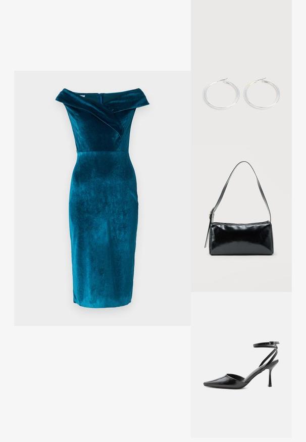 Robe en velours teal à décolleté bardot, avec une silhouette ajustée, dotée d'un col replié et d'une fermeture éclair centrale dans le dos. Longueur mi-mollet.; Escarpin noir à bout pointu avec fines brides de cheville et fermeture à boucle argentée sur fond clair uni.; Sac d'épaule rectangulaire noir avec une sangle réglable unique et une fermeture éclair supérieure sur un fond uni.; Paire de boucles d'oreilles créoles argentées brillantes avec fermoirs en fil fin, présentée sur un fond gris clair.
