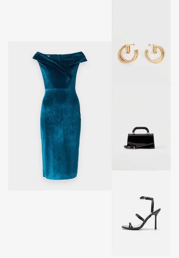 Robe en velours teal à décolleté bardot, avec une silhouette ajustée, dotée d'un col replié et d'une fermeture éclair centrale dans le dos. Longueur mi-mollet.; Sandales à talons hauts en cuir verni noir avec trois sangles horizontales et une sangle de cheville ajustable. Silhouette élégante et finition brillante.; Sac à main rectangulaire noir brillant avec poignée supérieure, ferrures dorées et bandoulière amovible, posé sur un fond clair uni.; Paire de boucles d'oreilles créoles doubles en or brillant avec attaches à tige sur fond blanc.
