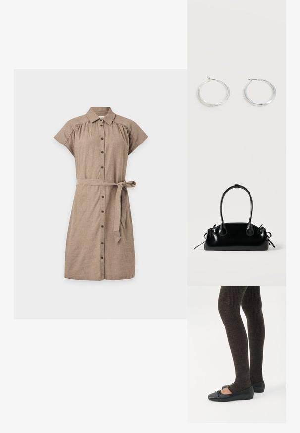 Robe chemise marron à manches courtes avec boutons sur le devant, col et ceinture nouée à la taille sur un fond clair uni.; Jambes portant des leggings côtelés foncés associés à des ballerines noires avec de petits détails en nœud sur fond blanc.; Petit sac à main noir brillant avec deux longues anses et des détails à cordon sur les côtés sur un fond clair uni.; Boucles d’oreilles créoles en métal argenté avec une surface lisse légèrement incurvée et des fermoirs à clapet sur un fond blanc uni.
