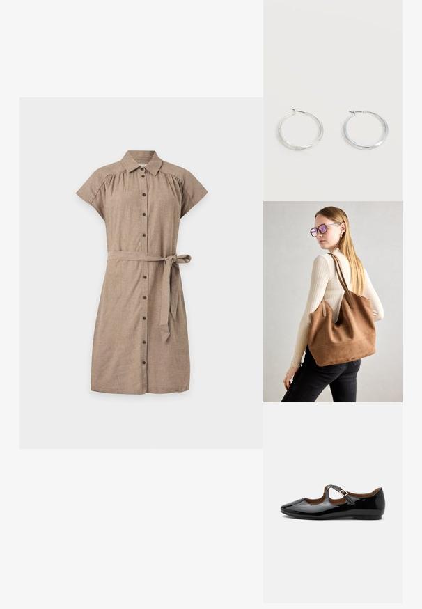 Robe chemise marron à manches courtes avec boutons sur le devant, col et ceinture nouée à la taille sur un fond clair uni.; Chaussure plate Mary Jane en cuir verni noir avec deux découpes et une bride à boucle dorée sur fond blanc.; Sac fourre-tout en daim marron avec une texture douce, grande ouverture et longues sangles. Présente un design simple avec des coutures visibles et sans matériel.; Boucles d’oreilles créoles en métal argenté avec une surface lisse légèrement incurvée et des fermoirs à clapet sur un fond blanc uni.