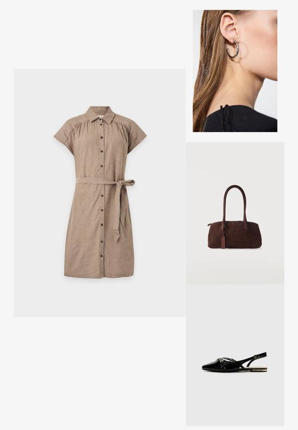 Robe chemise marron à manches courtes avec boutons sur le devant, col et ceinture nouée à la taille sur un fond clair uni.; Des chaussures slingback en cuir verni noir avec un bout pointu, ornées de deux boucles dorées et d'un petit talon. Texture lisse et design minimaliste.; Sac à main en daim marron foncé avec deux longues anses et une petite étiquette attachée, sur un fond clair uni.; Boucle d'oreille en argent avec une finition polie, présentant de petits détails en or et de forme ronde, portée sur le lobe.
