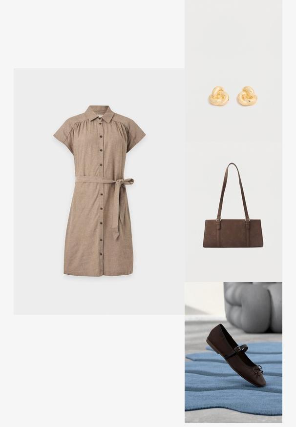 Robe chemise marron à manches courtes avec boutons sur le devant, col et ceinture nouée à la taille sur un fond clair uni.; Chaussure plate Mary Jane marron foncé avec boucle et détail nœud reposant sur un tapis texturé bleu ondulé, et un canapé gris rembourré en arrière-plan.; Sac à bandoulière rectangulaire marron avec longues sangles et détails de couture minimalistes sur un fond uni.; Paire de clous d'oreilles en forme de nœud, couleur or brillant, sur un fond blanc uni.