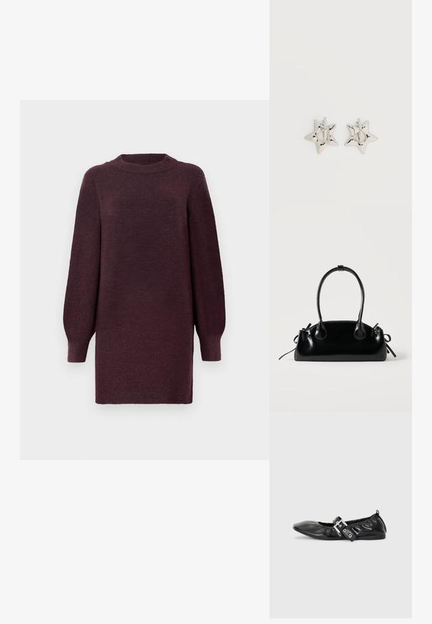Robe-sweater bordeaux avec un col rond et de longues manches légèrement bouffantes. Fabriquée en tissu doux et texturé. Se termine au-dessus du genou.; Chaussure plate en cuir noir avec un nez pointu, des détails froncés autour de l'ouverture et un accent en boucle argentée sur la bride ajustable.; Petit sac à main noir brillant avec deux longues anses et des détails à cordon sur les côtés sur un fond clair uni.; Boucles d’oreilles créoles en forme d’étoile argentée avec une finition lisse et polie sur un fond blanc uni.