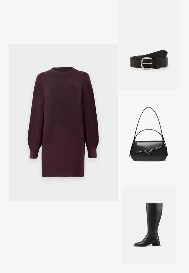 Robe-sweater bordeaux avec un col rond et de longues manches légèrement bouffantes. Fabriquée en tissu doux et texturé. Se termine au-dessus du genou.; Bottillon en cuir noir hauteur genou avec un bout arrondi et un petit talon carré. Présente une texture lisse et des détails de couture minimaux.; Sac à bandoulière en cuir noir avec un rabat incurvé fermé par un fermoir métallique rond et une sangle fine et ajustable.; Ceinture en cuir noir avec une texture lisse, dotée d'une boucle en métal argenté et d'une extrémité effilée. Design simple et classique.