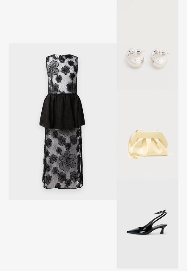 Vestido negro con un encaje que presenta patrones florales, cintura peplum, diseño sin mangas y una silueta larga y fluida.; Zapatos de tacón de charol negro con punta afilada, tacón bajo tipo bloque y correa ajustable en el tobillo con un hebilla dorada.; Bolso clutch de cuero color crema con un marco superior estructurado y correa de muñeca, mostrado sobre un fondo claro y liso.; Par de pendientes llamativos de aro grueso plateado brillante con cierre de poste sobre un fondo blanco liso.