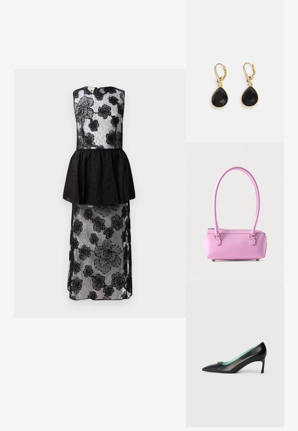 Schwarzes Kleid mit einem Spitzenoverlay und Blumenmustern, Taillierung mit Peplum, ärmellosem Design und einem langen, fließenden Silhouette.; Schwarzer Leder-Pumps mit spitzer Zehe, hellblauem Innenfutter und goldenen Akzenten auf der Oberseite. Glatte Textur.; Kleine rechteckige rosa Handtasche mit langen Griffen, Reißverschluss und dezent geprägtem Logo auf der Vorderseite vor einfarbigem Hintergrund.; DKNY TEARDROP - Ohrringe - gold-coloured/black