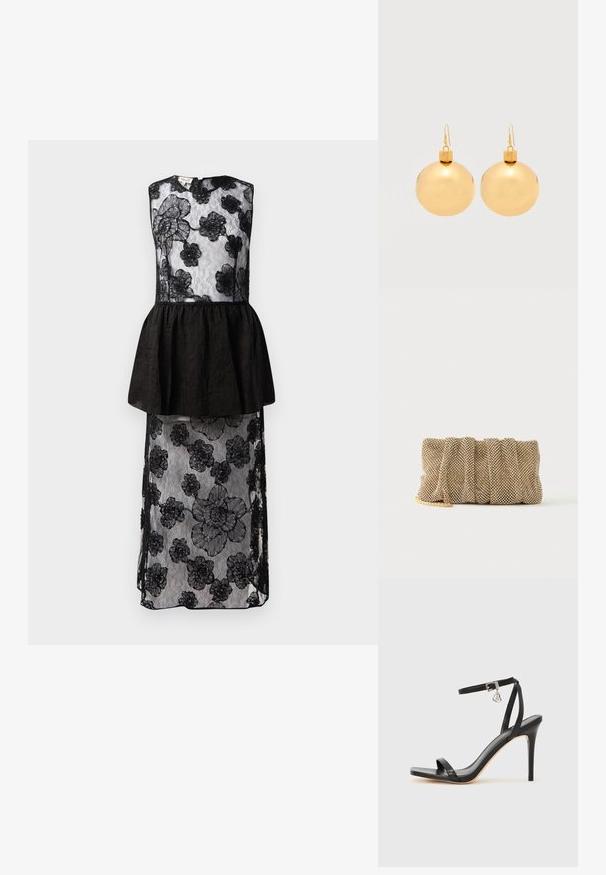 Vestido negro con un encaje que presenta patrones florales, cintura peplum, diseño sin mangas y una silueta larga y fluida.; Sandalia de tacón alto negra con una estrecha correa en el tobillo, punta cuadrada, material de cuero liso y detalle de hebilla metálica.; Pequeño bolso de mano de malla dorada con un diseño fruncido y una correa de cadena dorada parcialmente visible sobre un fondo blanco liso.; Par de pendientes de bola navideña dorados brillantes con cierre de gancho sobre un fondo blanco liso.